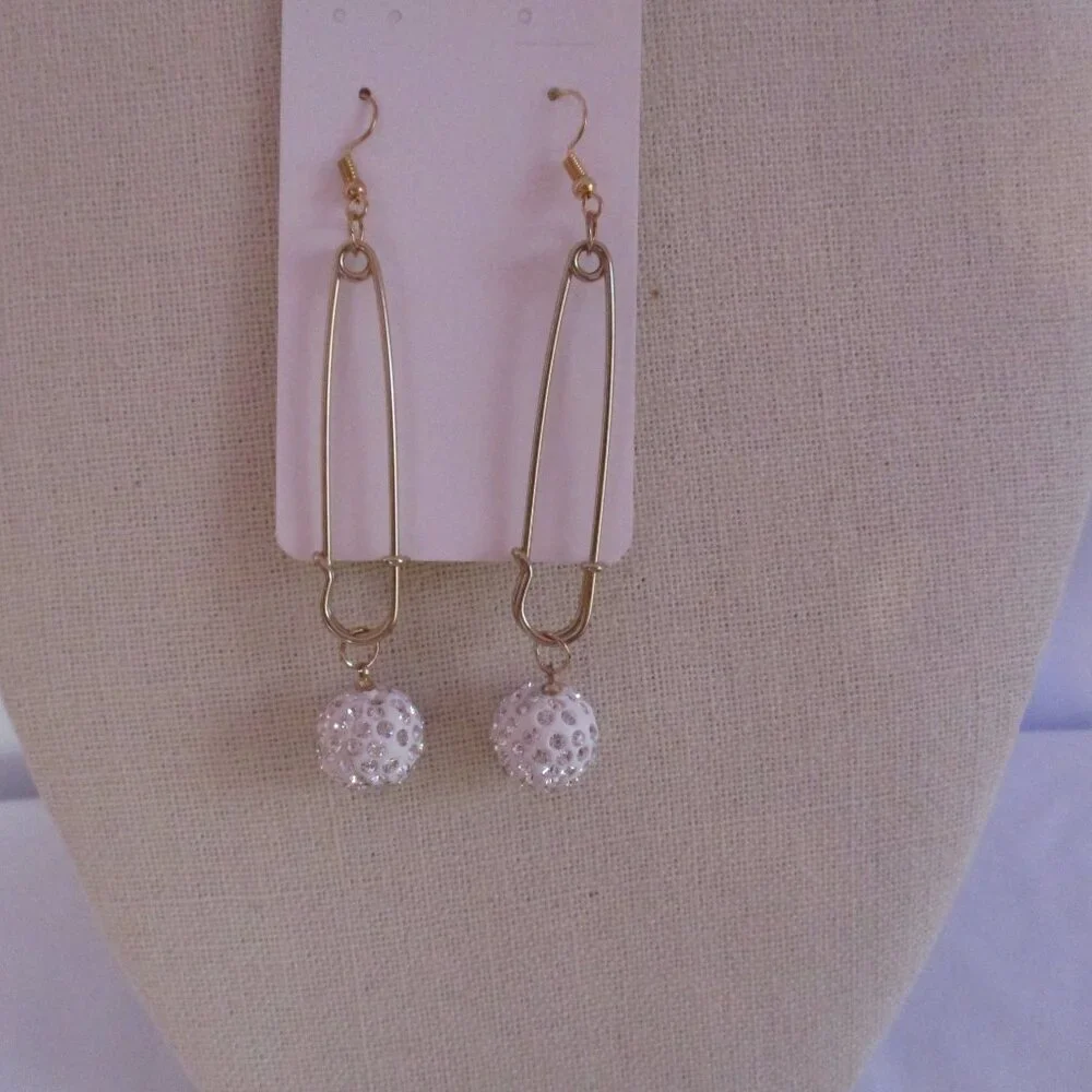 Pin Hook Earrings White Pave Balls GOLDTONE Free Gift Box